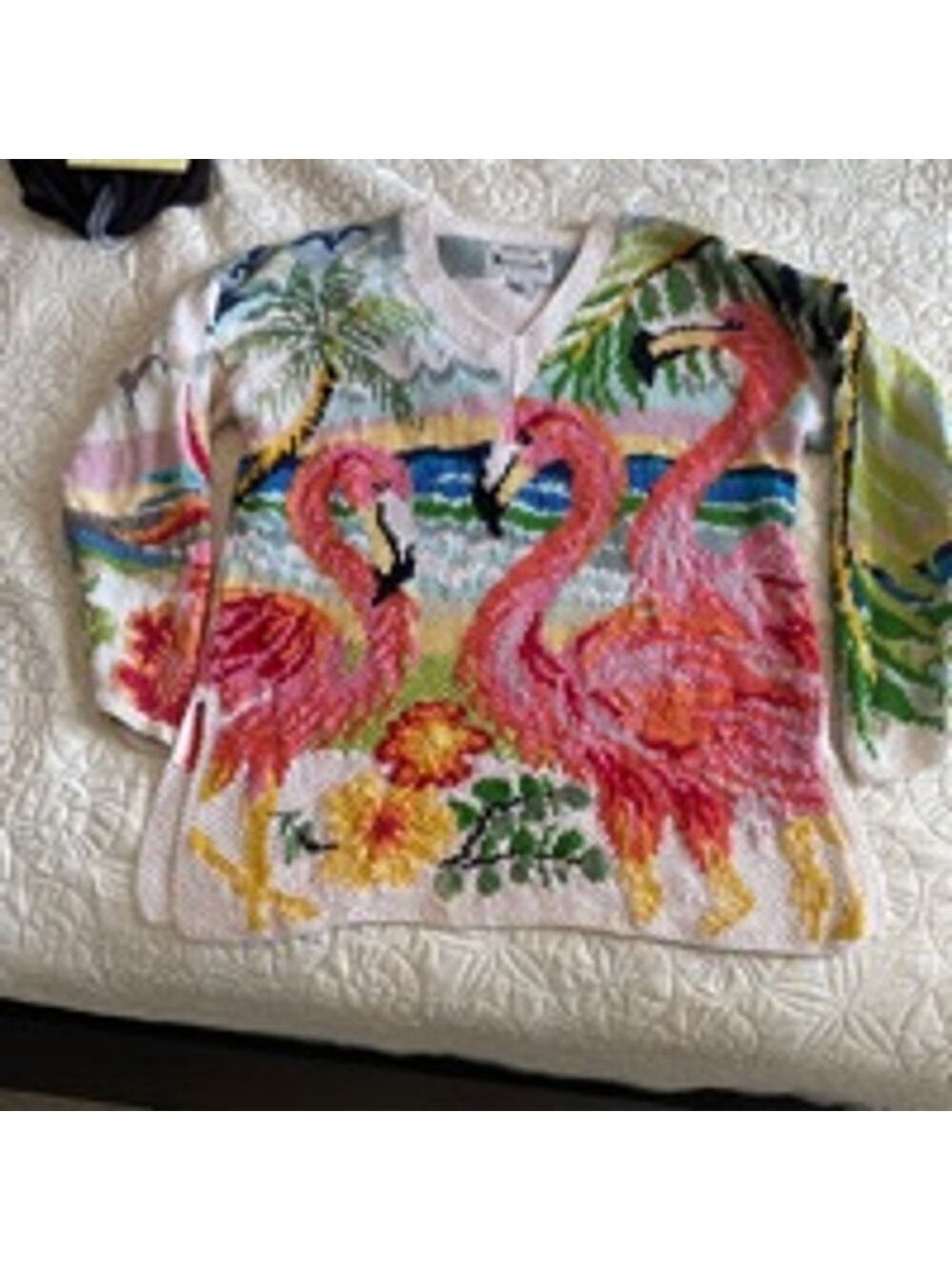 Women's Knitting Needle Sweater Size M White Pink Flamingo - Picture 5 of 7